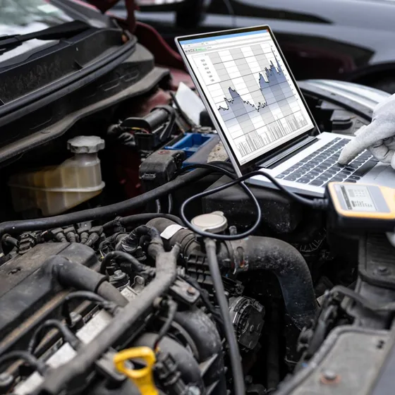 A diagnostic laptop connected in an open engine bay